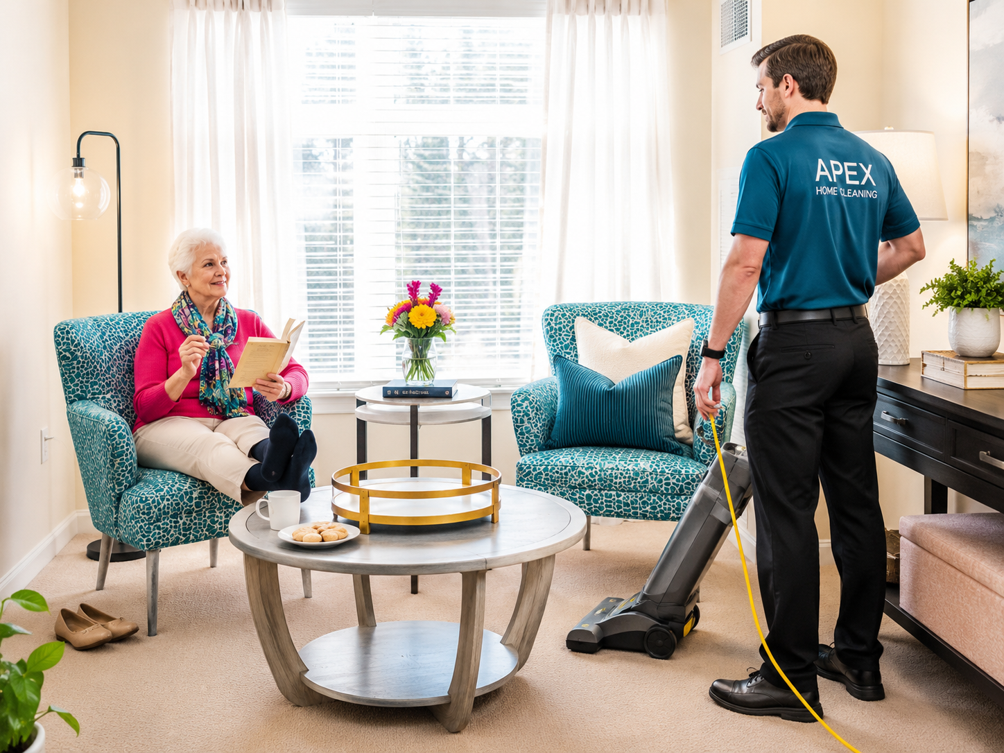 Apex pro vacuuming the living room while a senior client relaxes with a book at home in Fallbrook