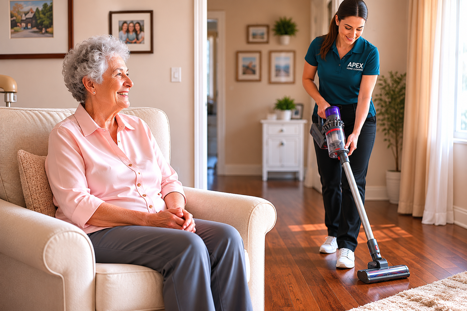 Apex pro vacuuming the living room while a senior client relaxes in her chair in Hemet