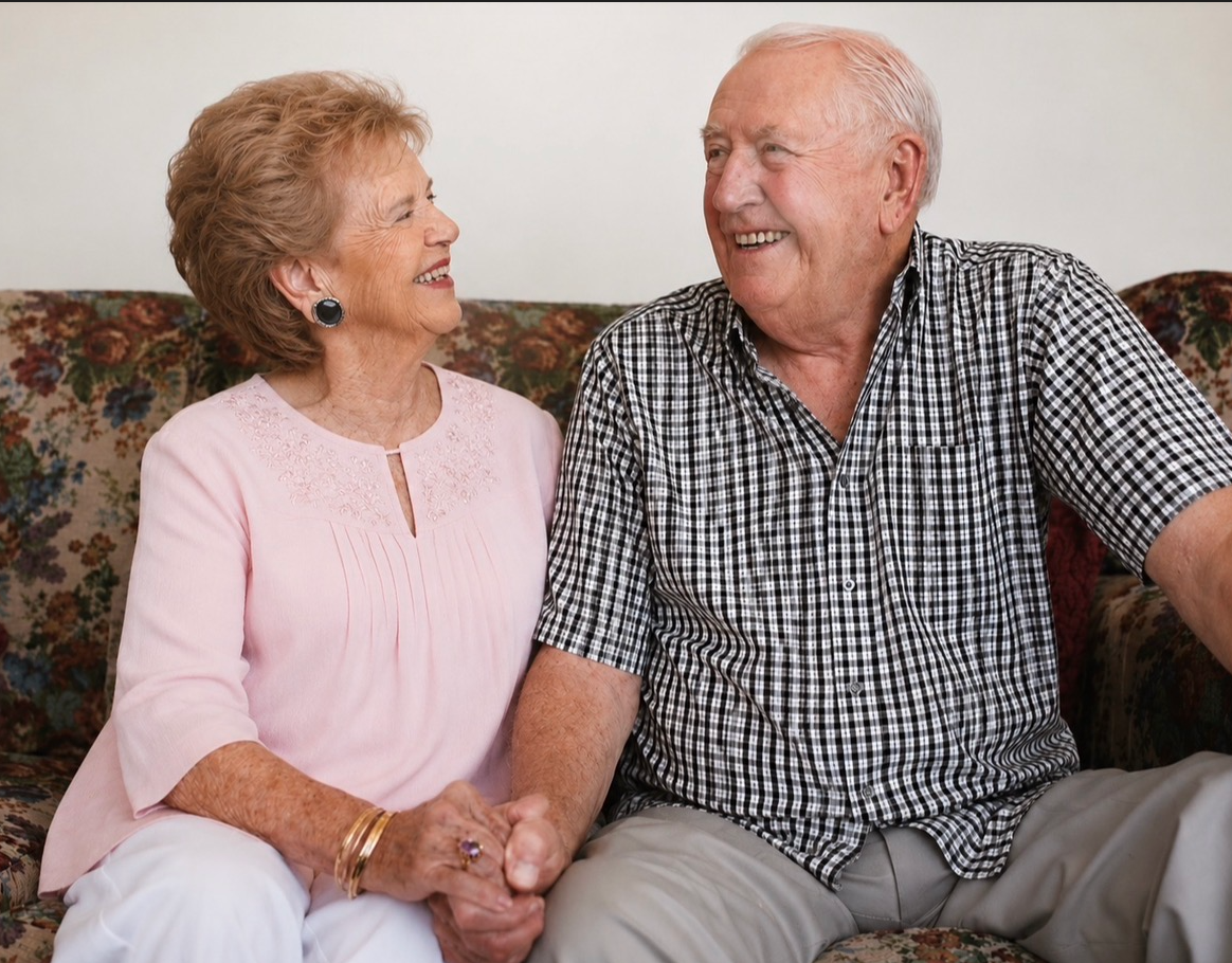 Happy senior couple smiling together at home in Murrieta