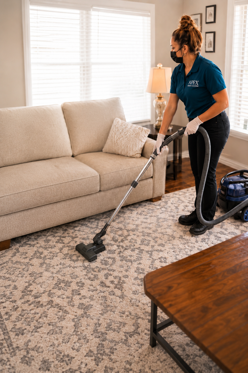 Apex pro vacuuming a living-room rug in a senior's Moreno Valley home