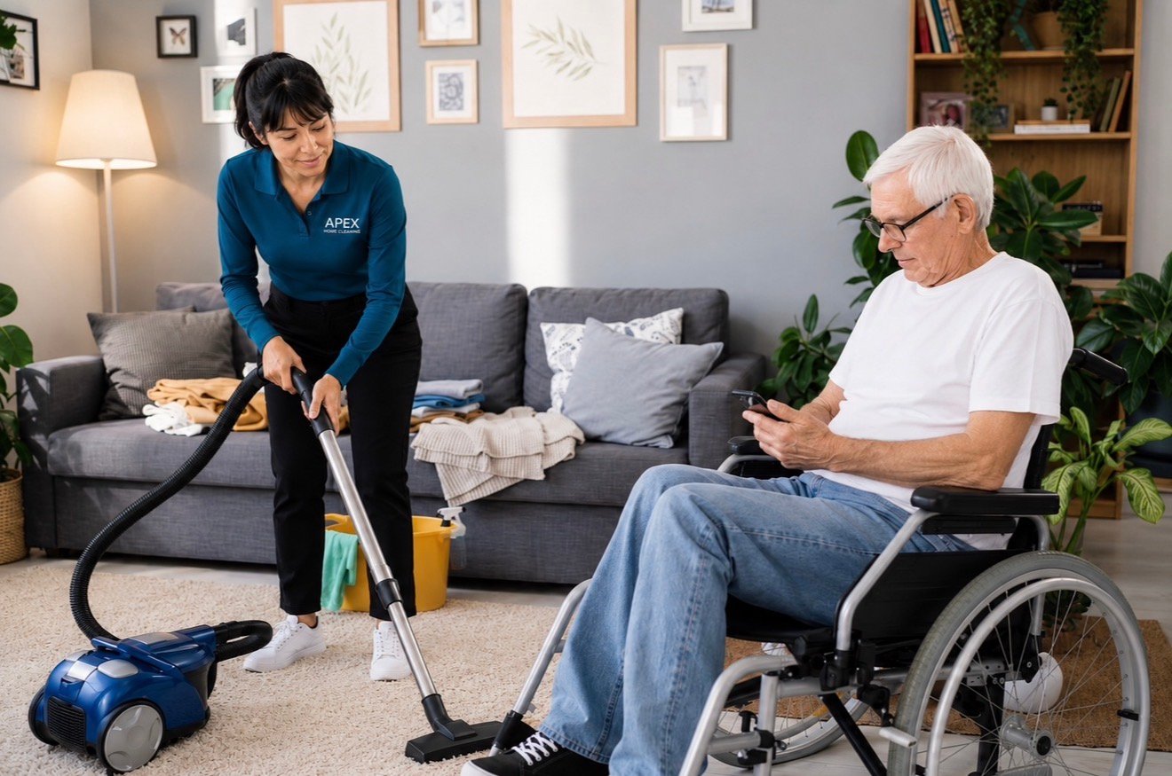 Apex pro vacuuming the living room while a senior client relaxes at home in Wildomar