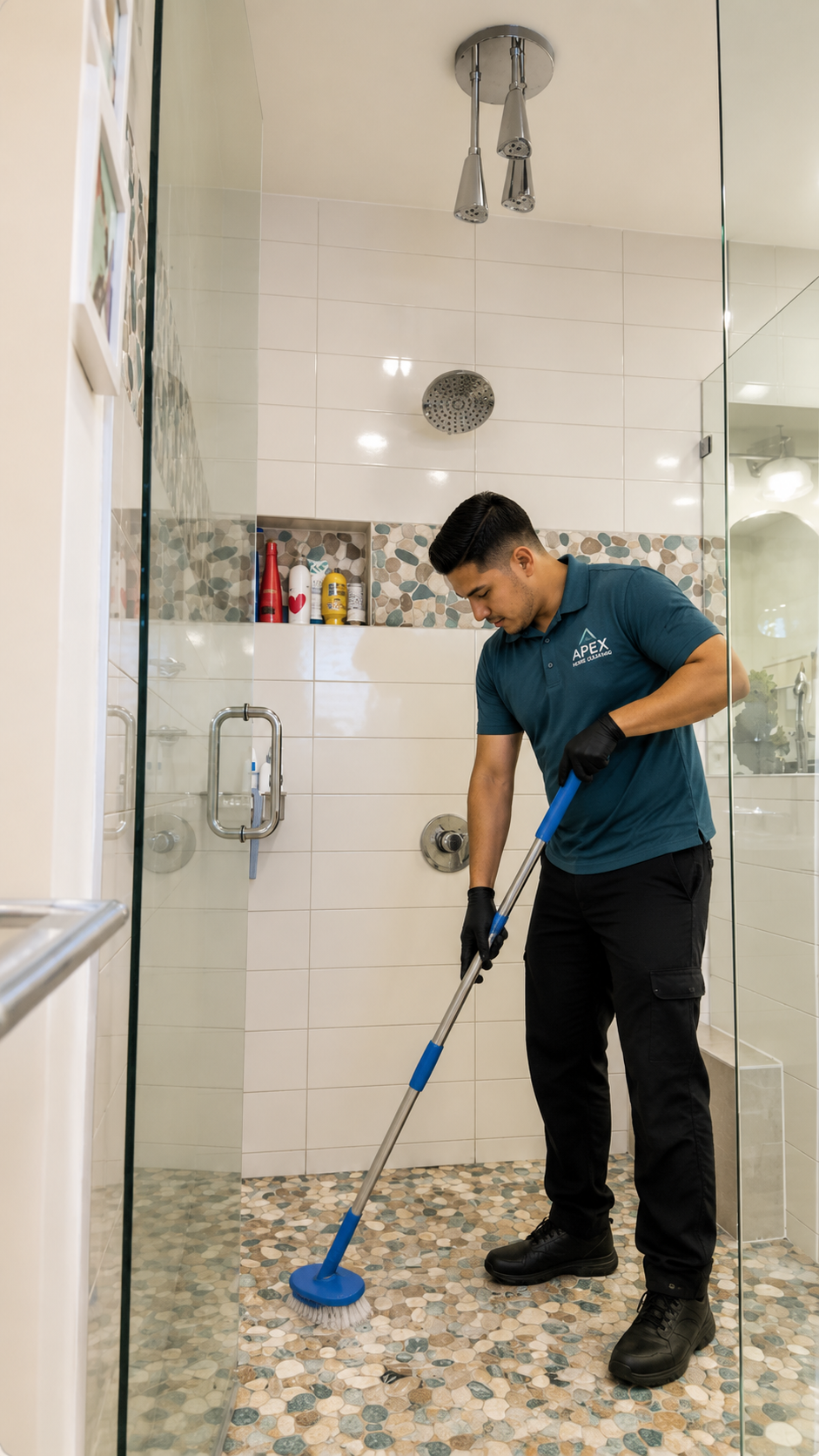Apex cleaning professional wiping a stovetop in a Corona home kitchen