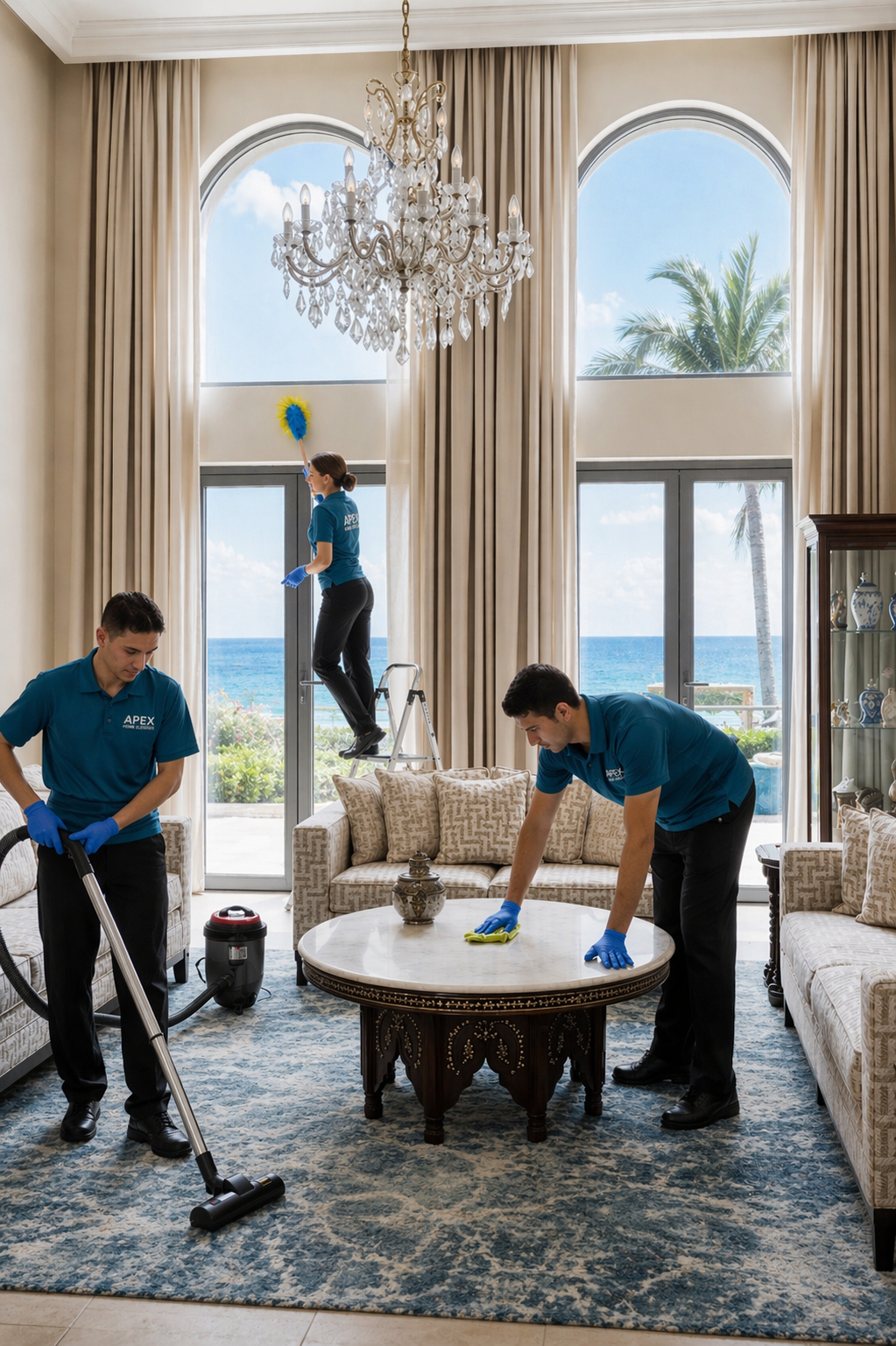Apex cleaning team dusting, vacuuming and wiping surfaces in an elegant Fallbrook living room