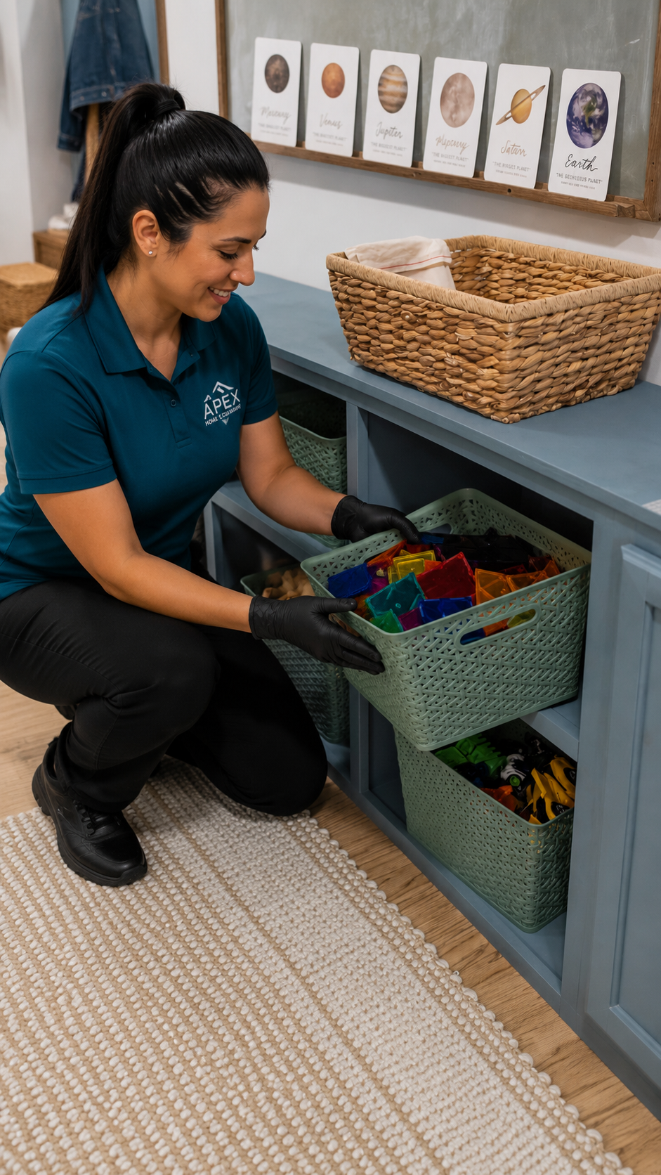 Apex cleaning professional organizing storage baskets in a Temecula home