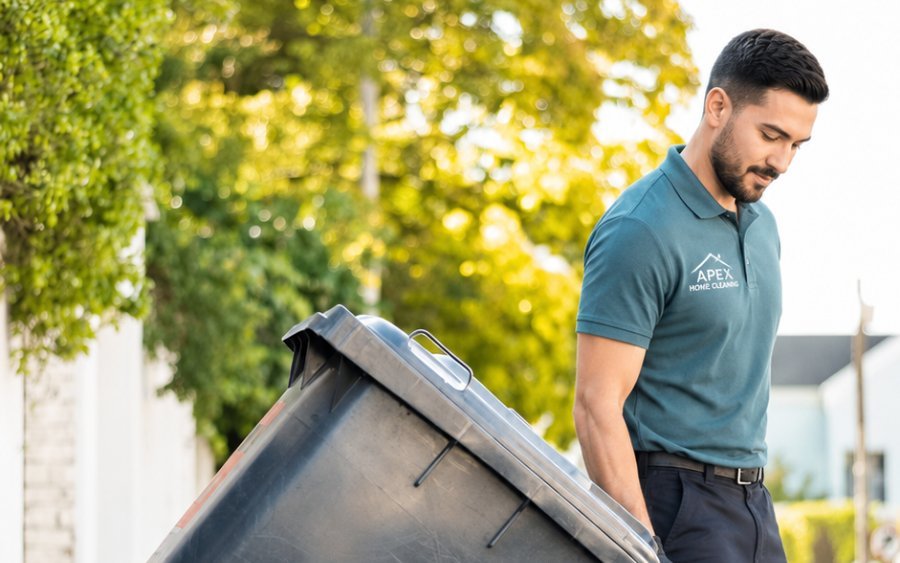 Apex cleaner placing a trash bin out at the curb in Murrieta