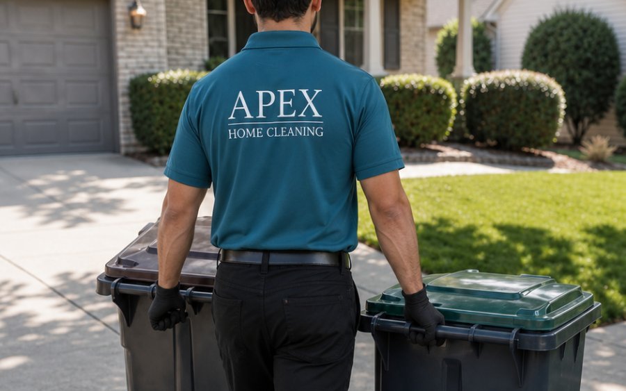Apex cleaner returning trash bins to the house after pickup in Murrieta